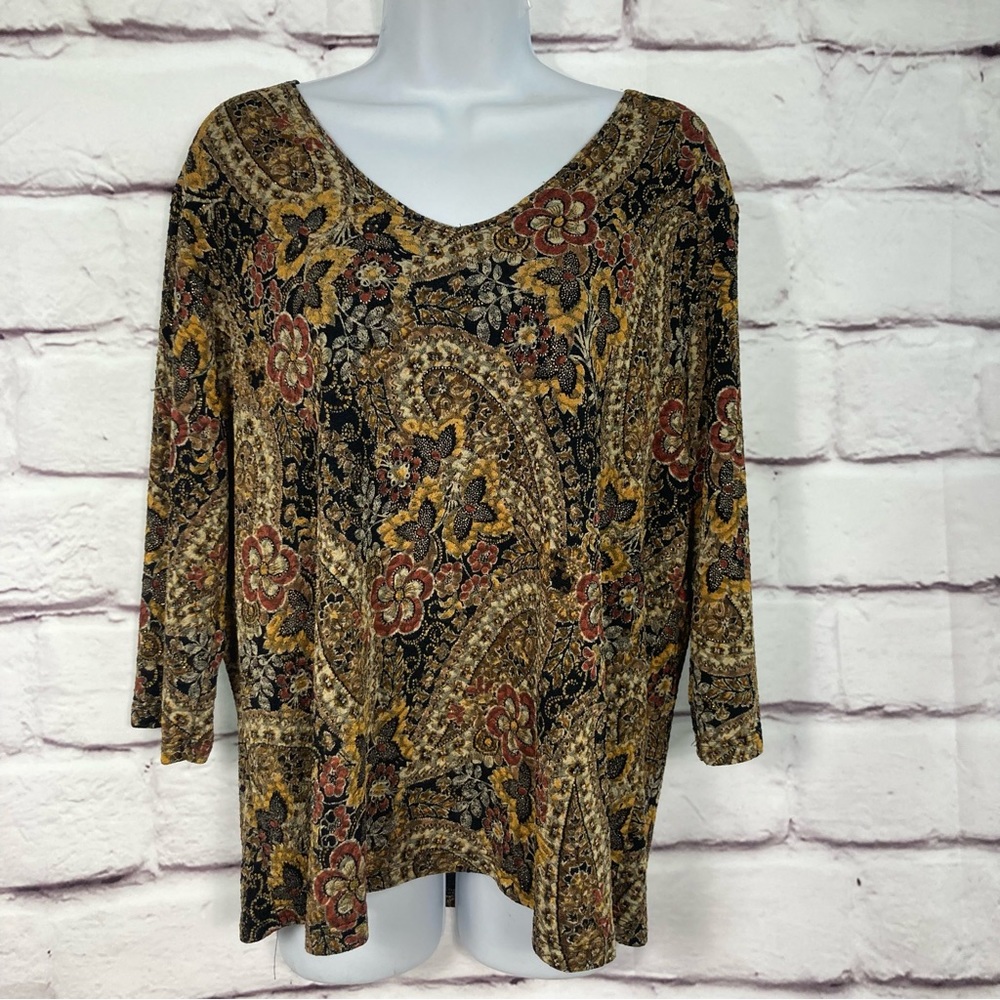 Vintage Only 9 Fall floral Top V Neck 3/4 Sleeves Black Gold Rust Pull Over EUC